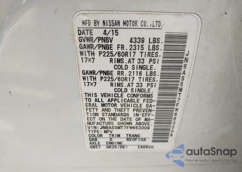 2015 Nissan Rogue Select S z USA, uszkodzony, nr VIN JN8AS5MT7FW663009